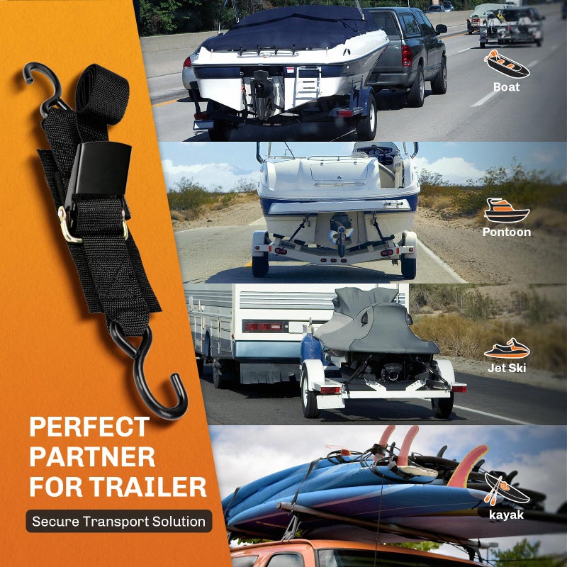 WELLUCK أحزمة ربط مؤخرة قارب WELLUCK 1200 رطل، 2" × 4' قابلة للتعديل، أحزمة ربط مؤخرة القارب إلى المقطورة، بحرية، جت سكي، قارب بونتون، مع مشبك سريع التحرير وخطافات مضادة للخدش - Image 5